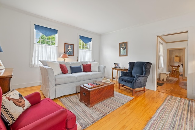 living room featuring crown molding and light hardwood / wood-style floors