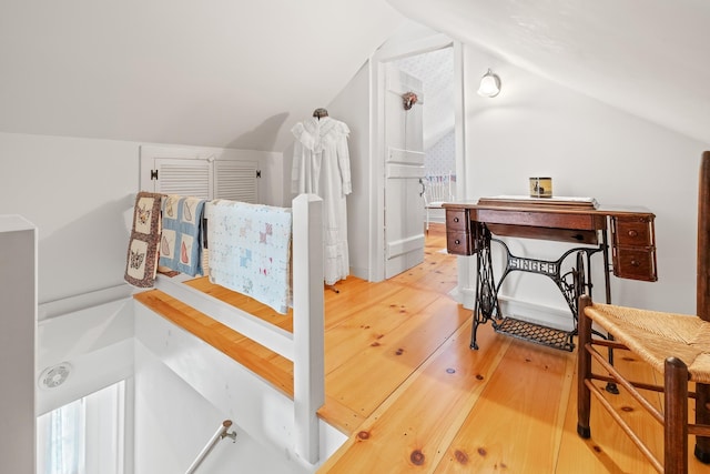 bathroom featuring lofted ceiling and hardwood / wood-style floors