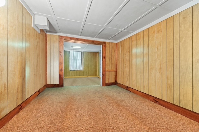 empty room with wooden walls and light colored carpet