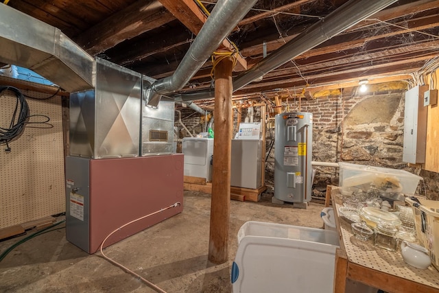 basement with heating unit, electric panel, and electric water heater