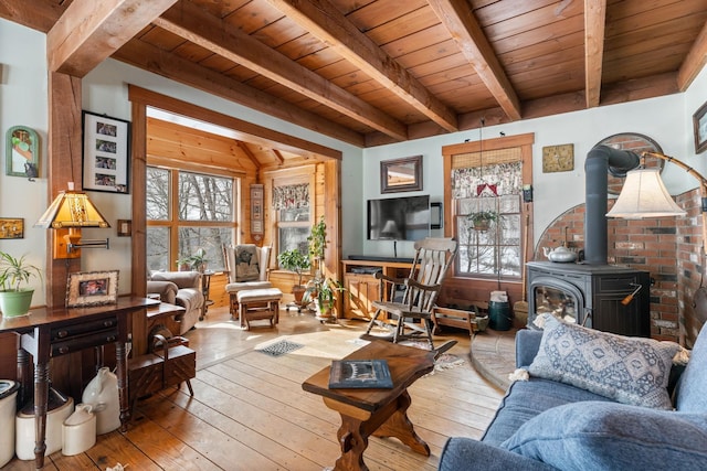 sitting room with hardwood / wood-style floors, wood ceiling, and beamed ceiling