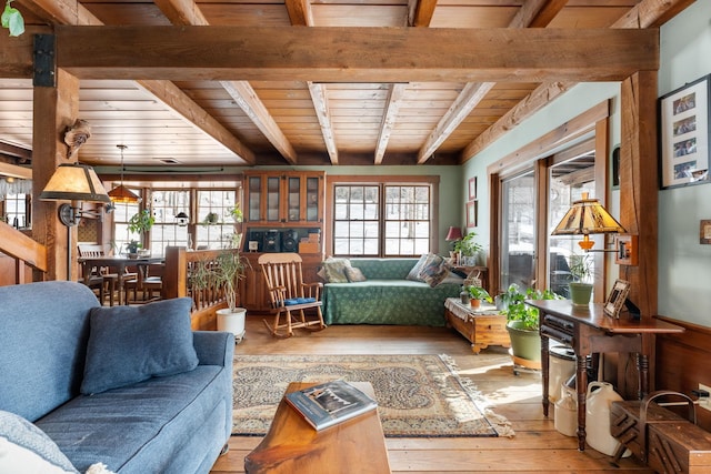 living room featuring hardwood / wood-style flooring, wood ceiling, and beamed ceiling