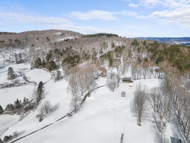 snowy aerial view with a mountain view and a wooded view