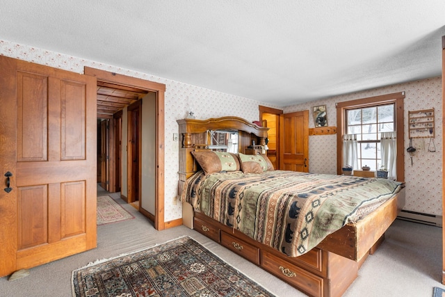 bedroom with light carpet, wallpapered walls, baseboards, a baseboard radiator, and a textured ceiling