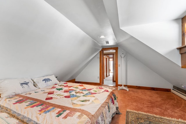 bedroom featuring carpet floors, lofted ceiling, baseboard heating, and baseboards