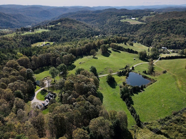 bird's eye view with a forest view and a water and mountain view