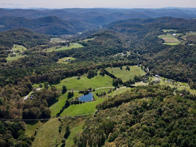 birds eye view of property with a forest view and a water and mountain view