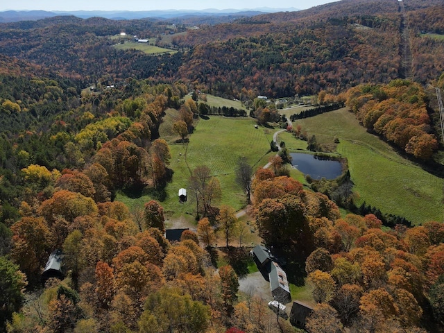 drone / aerial view featuring a water view and a forest view
