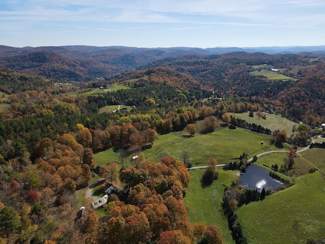 birds eye view of property featuring a forest view and a water and mountain view