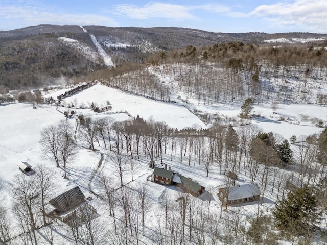 snowy aerial view with a mountain view