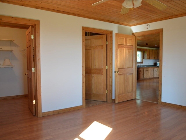 spare room featuring hardwood / wood-style floors, wood ceiling, and ceiling fan