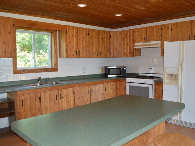 kitchen with backsplash, sink, white appliances, and wooden ceiling