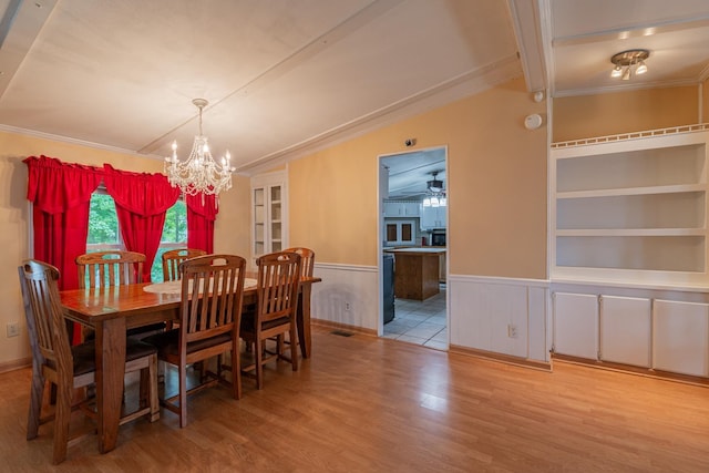 dining room featuring a wainscoted wall, ornamental molding, built in features, and wood finished floors