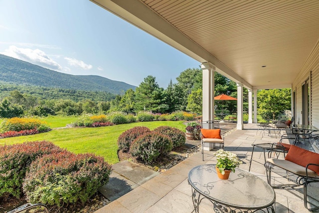 view of patio with a mountain view