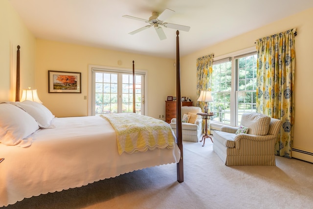 bedroom featuring carpet, a ceiling fan, and access to exterior