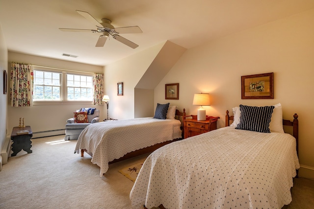 bedroom with carpet floors, a baseboard radiator, visible vents, and a ceiling fan