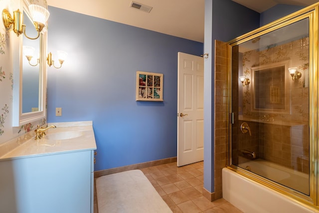 full bath with shower / bath combination with glass door, visible vents, vanity, tile patterned flooring, and baseboards