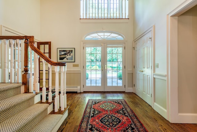 entrance foyer featuring a wealth of natural light, dark wood-style flooring, and a high ceiling