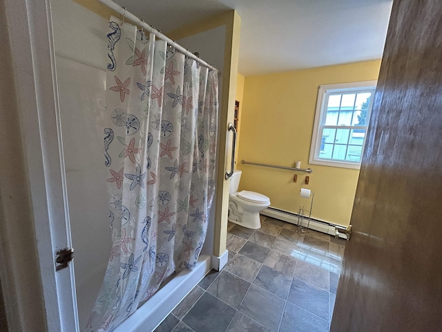 bathroom featuring a baseboard heating unit, baseboards, toilet, and a shower with curtain