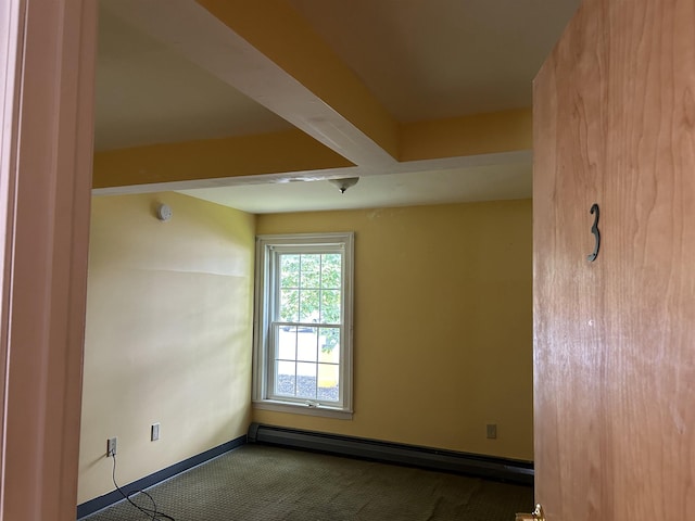 empty room with beamed ceiling, baseboard heating, carpet flooring, and baseboards