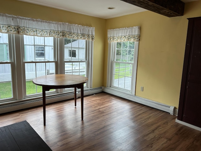 unfurnished dining area with baseboard heating and wood finished floors