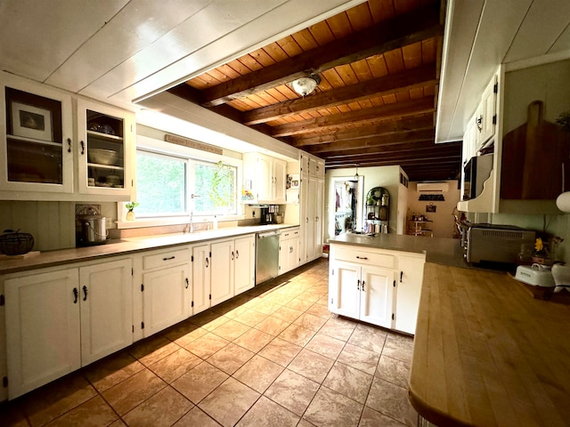 kitchen featuring white cabinets, wooden ceiling, light tile patterned floors, and stainless steel dishwasher