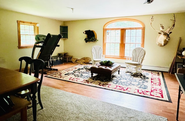 interior space with wood-type flooring, baseboard heating, and french doors