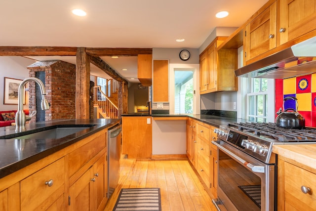 kitchen with stainless steel appliances, sink, and light hardwood / wood-style flooring