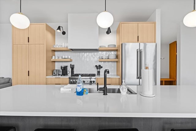 kitchen with open shelves, high quality fridge, and light brown cabinets