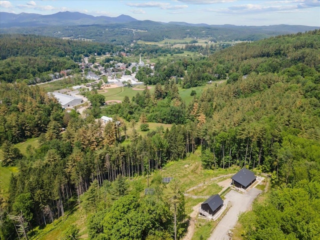 drone / aerial view featuring a mountain view and a wooded view