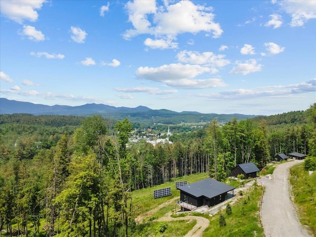 bird's eye view with a mountain view and a forest view