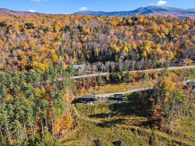 drone / aerial view featuring a mountain view and a wooded view