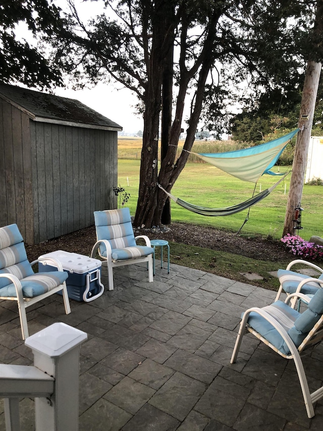 view of patio / terrace with a storage shed and an outdoor structure