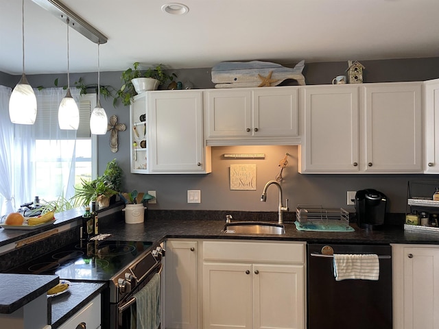 kitchen featuring white cabinets, range with electric stovetop, dishwasher, and a sink