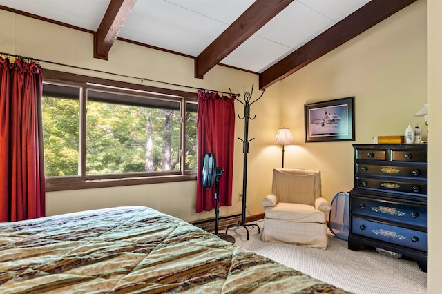 bedroom featuring vaulted ceiling with beams and carpet