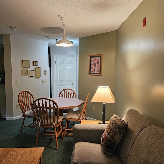 carpeted dining area featuring baseboards and a textured ceiling