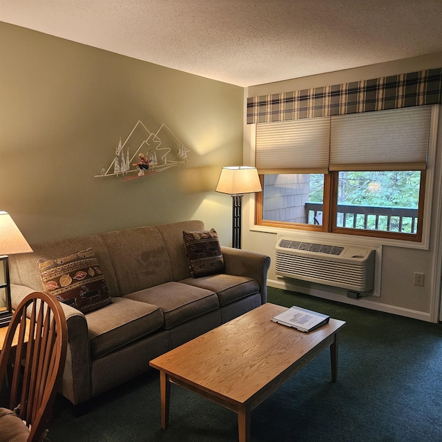 living room featuring a textured ceiling, dark colored carpet, a wall mounted air conditioner, and baseboards