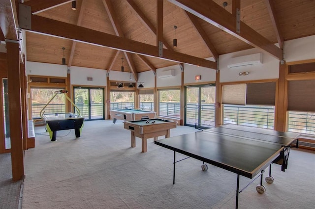 playroom with billiards, wooden ceiling, an AC wall unit, light colored carpet, and beamed ceiling