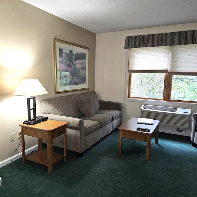 living room with carpet flooring, a wall mounted air conditioner, and baseboards