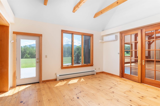 doorway to outside featuring a baseboard radiator, a wall mounted air conditioner, light wood-type flooring, and vaulted ceiling with beams