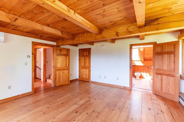 interior space featuring beam ceiling, wood ceiling, and light hardwood / wood-style flooring