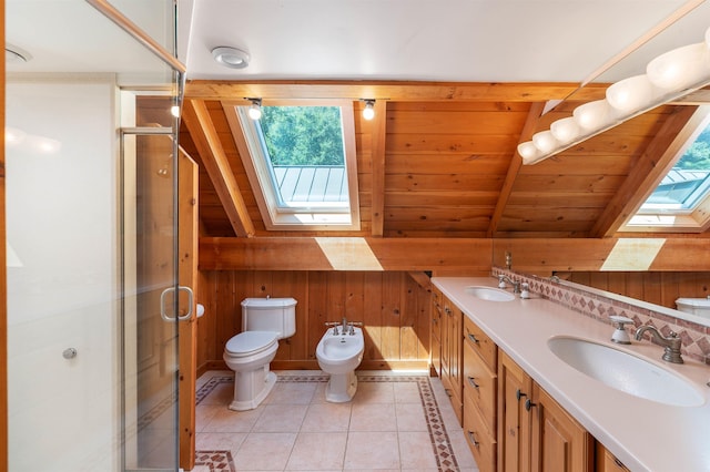 bathroom featuring a bidet, a shower with door, tile patterned flooring, vaulted ceiling with skylight, and wood walls