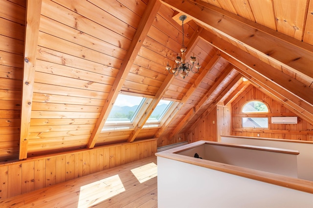 bonus room with light hardwood / wood-style flooring, wooden walls, wooden ceiling, and vaulted ceiling with skylight