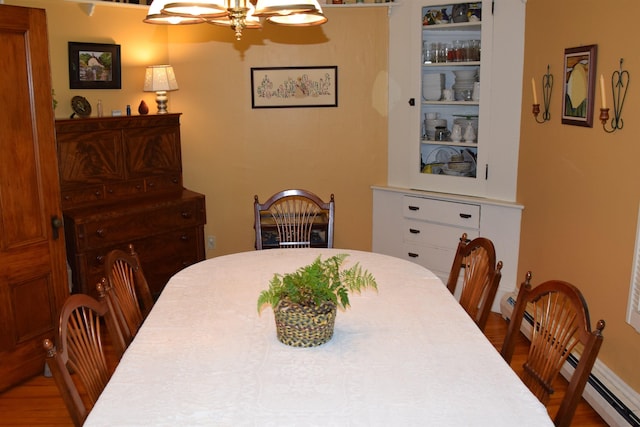 dining area with an inviting chandelier and hardwood / wood-style floors