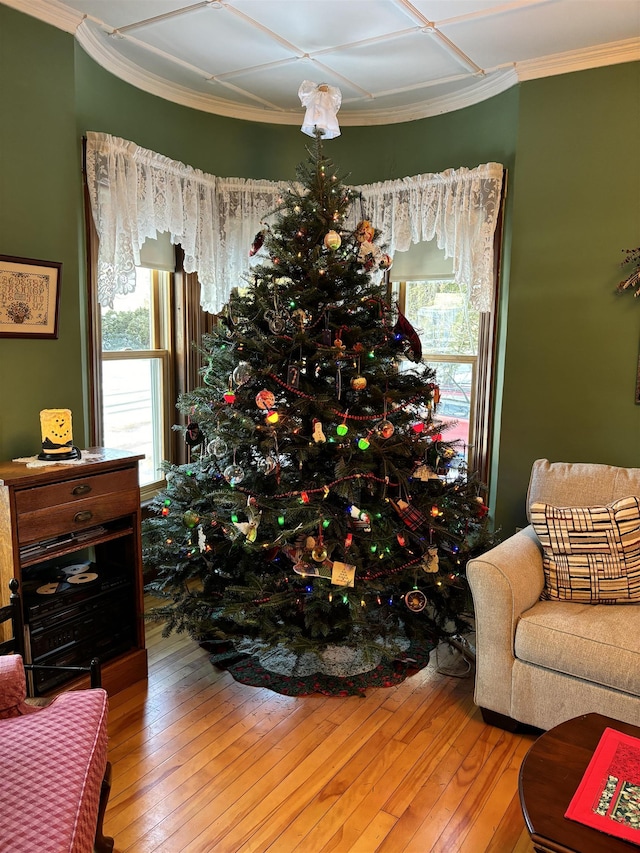 sitting room featuring crown molding and hardwood / wood-style floors