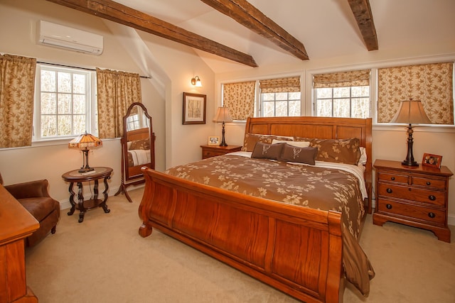 carpeted bedroom featuring beamed ceiling and a wall mounted AC