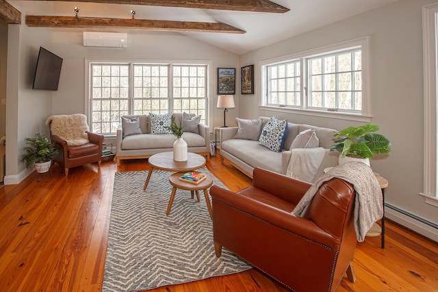 living room with lofted ceiling with beams, light wood-type flooring, a wall mounted AC, and baseboard heating