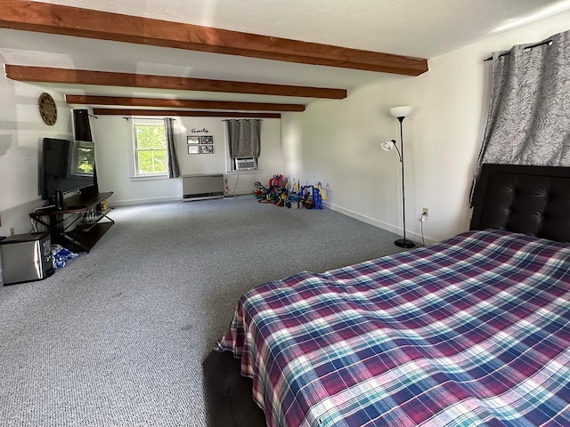 bedroom with cooling unit, beamed ceiling, and carpet