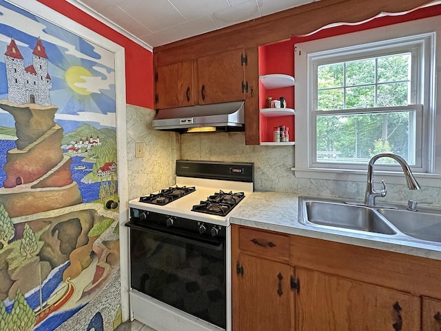 10 Hawthorne St, Plymouth, NH 03264 - kitchen with range with gas stovetop, under cabinet range hood, a sink, light countertops, and crown molding