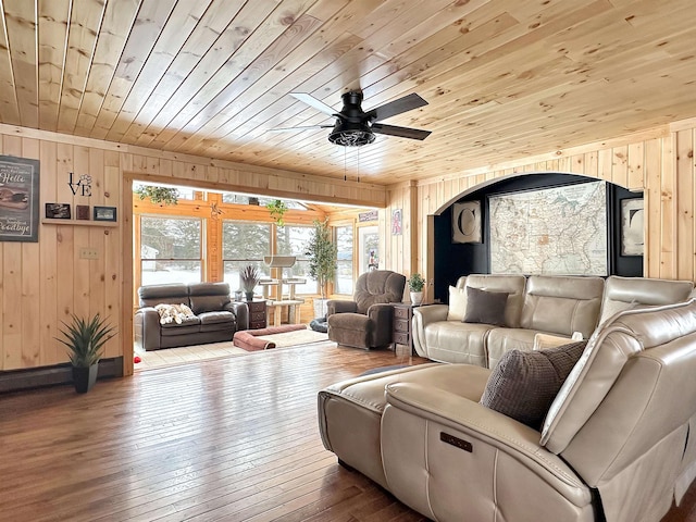 living area featuring ceiling fan, wood walls, wooden ceiling, and wood finished floors